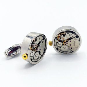 Functional Men's Brushed Steel Gold & Silver Watch Movement Cufflinks Links Time